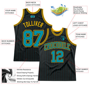 Custom Black Teal Pinstripe Teal-Gold Authentic Basketball Jersey