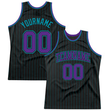 Load image into Gallery viewer, Custom Black Teal Pinstripe Purple-Teal Authentic Basketball Jersey
