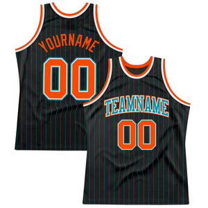 Custom Black Teal Pinstripe Orange-Teal Authentic Basketball Jersey