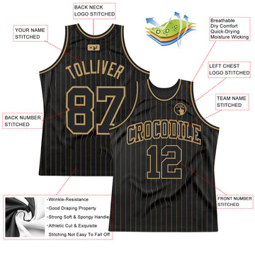 Custom Black Old Gold Pinstripe Black-Old Gold Authentic Basketball Jersey