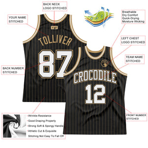 Custom Black Old Gold Pinstripe White-Old Gold Authentic Basketball Jersey