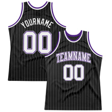 Load image into Gallery viewer, Custom Black Gray Pinstripe White-Purple Authentic Basketball Jersey
