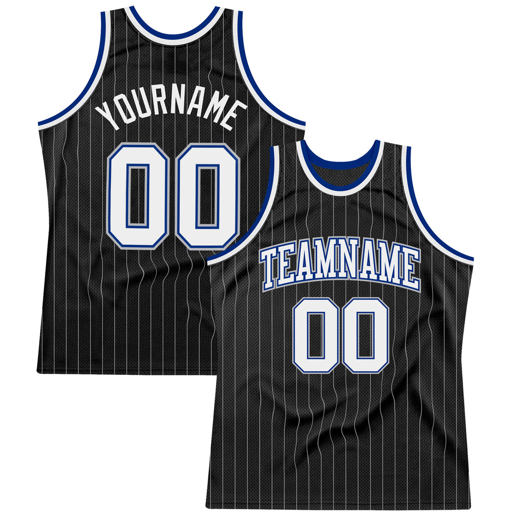 Custom Black Gray Pinstripe White-Royal Authentic Basketball Jersey