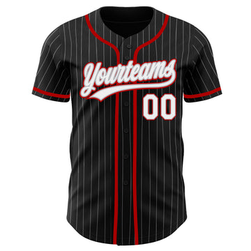 Custom Black Gray Pinstripe White-Red Authentic Baseball Jersey
