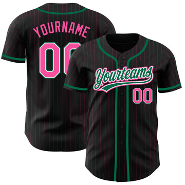 Custom Black Pink Pinstripe Pink-Kelly Green Authentic Baseball Jersey