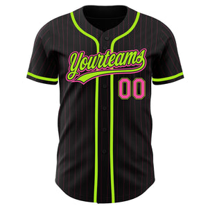 Custom Black Pink Pinstripe Pink-Neon Green Authentic Baseball Jersey