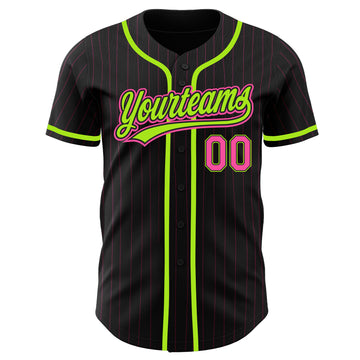 Custom Black Pink Pinstripe Pink-Neon Green Authentic Baseball Jersey