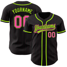 Load image into Gallery viewer, Custom Black Pink Pinstripe Pink-Neon Green Authentic Baseball Jersey
