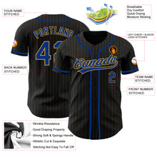 Load image into Gallery viewer, Custom Black Old Gold Pinstripe Royal Authentic Baseball Jersey
