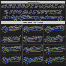 Load image into Gallery viewer, Custom Black Old Gold Pinstripe Royal Authentic Baseball Jersey
