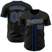 Load image into Gallery viewer, Custom Black Old Gold Pinstripe Royal Authentic Baseball Jersey
