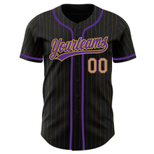 Load image into Gallery viewer, Custom Black Old Gold Pinstripe Old Gold-Purple Authentic Baseball Jersey
