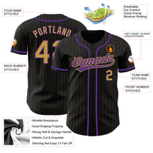 Load image into Gallery viewer, Custom Black Old Gold Pinstripe Old Gold-Purple Authentic Baseball Jersey
