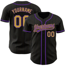 Load image into Gallery viewer, Custom Black Old Gold Pinstripe Old Gold-Purple Authentic Baseball Jersey
