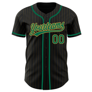 Custom Black Old Gold Pinstripe Kelly Green Authentic Baseball Jersey