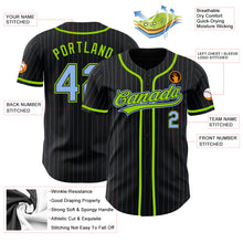 Load image into Gallery viewer, Custom Black Light Blue Pinstripe Light Blue-Neon Green Authentic Baseball Jersey
