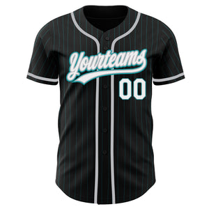 Custom Black Teal Pinstripe White-Gray Authentic Baseball Jersey