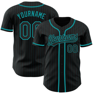 Custom Black Teal Pinstripe Black Authentic Baseball Jersey