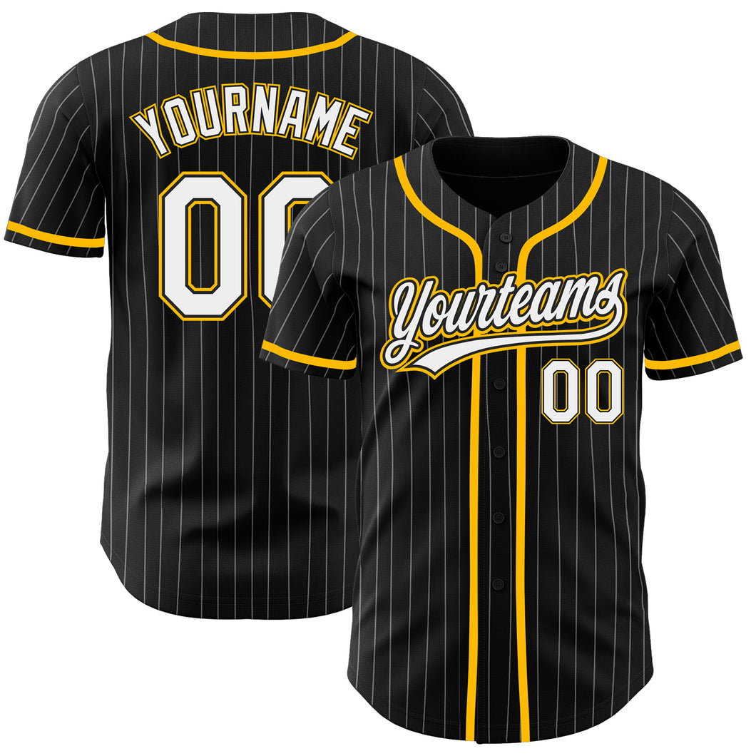 Custom Black White Pinstripe White-Gold Authentic Baseball Jersey