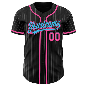 Custom Black White Pinstripe Sky Blue-Pink Authentic Baseball Jersey