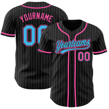 Load image into Gallery viewer, Custom Black White Pinstripe Sky Blue-Pink Authentic Baseball Jersey
