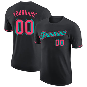 Custom Black Neon Pink-Aqua Performance T-Shirt