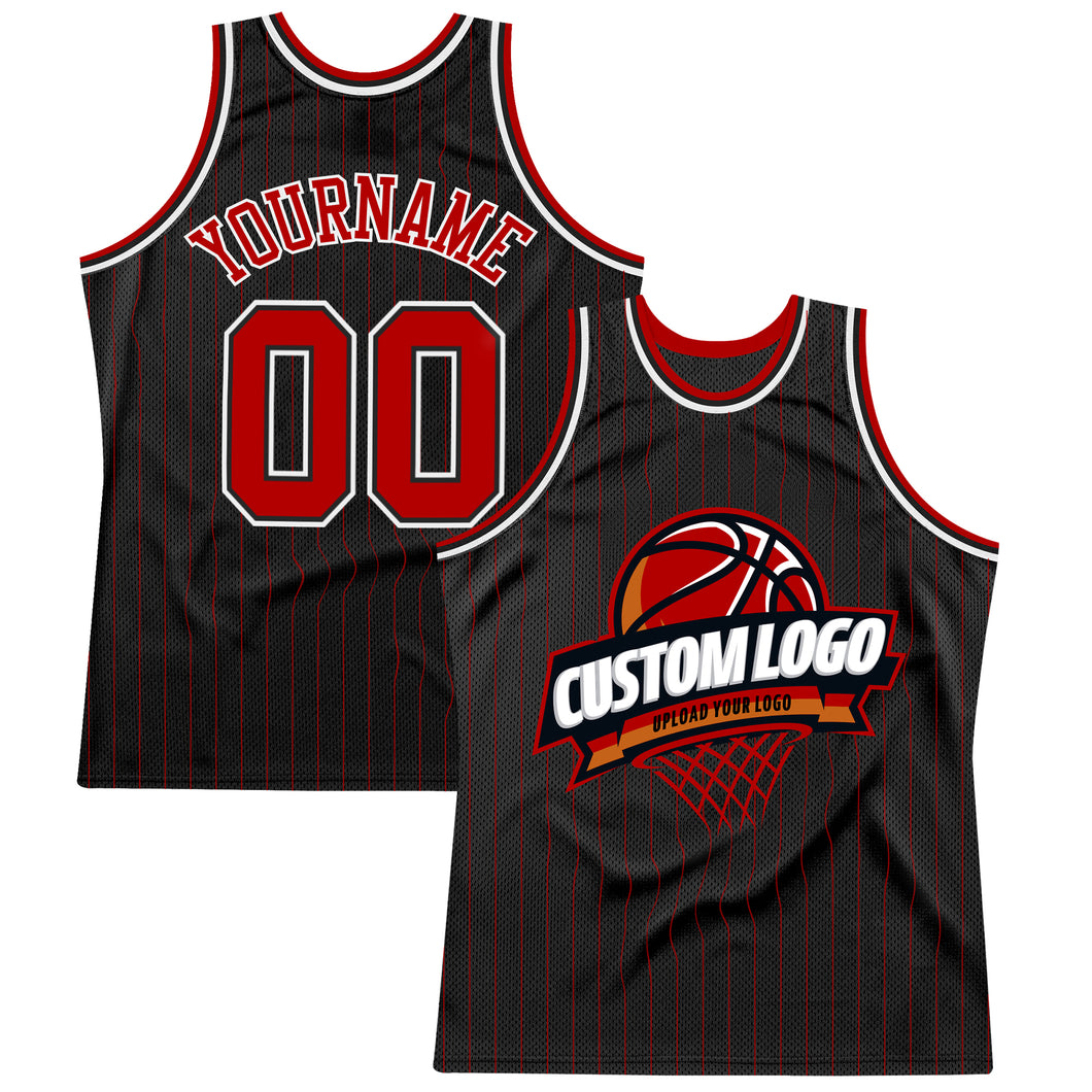 Custom Black Red Pinstripe White Authentic  Basketball Jersey