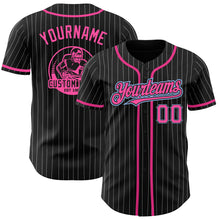 Load image into Gallery viewer, Custom Black White Pinstripe Pink-Light Blue Authentic Baseball Jersey
