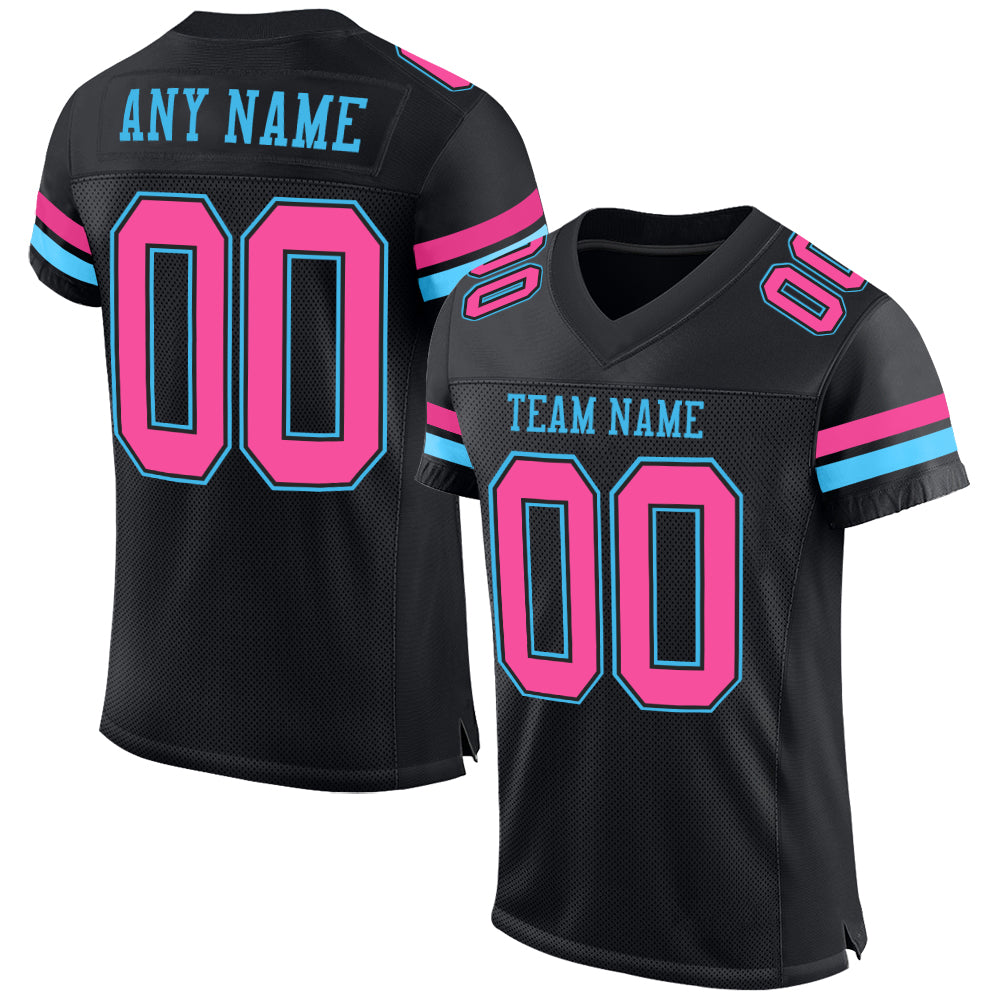 Custom Black Pink-Sky Blue Mesh Authentic Football Jersey