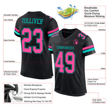 Custom Black Pink-Aqua Mesh Authentic Football Jersey