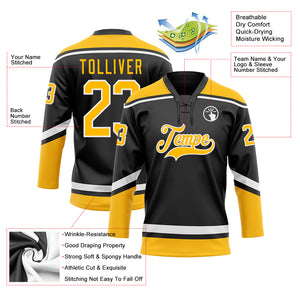 Custom Black Gold-White Hockey Lace Neck Jersey