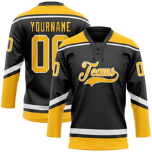 Load image into Gallery viewer, Custom Black Gold-White Hockey Lace Neck Jersey
