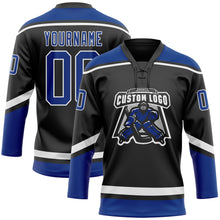 Load image into Gallery viewer, Custom Black Royal-White Hockey Lace Neck Jersey
