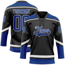 Load image into Gallery viewer, Custom Black Royal-White Hockey Lace Neck Jersey
