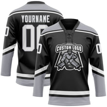 Load image into Gallery viewer, Custom Black White-Gray Hockey Lace Neck Jersey
