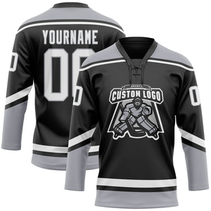 Custom Black White-Gray Hockey Lace Neck Jersey