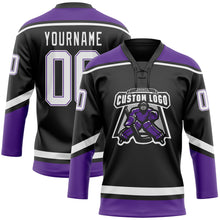 Load image into Gallery viewer, Custom Black White-Purple Hockey Lace Neck Jersey
