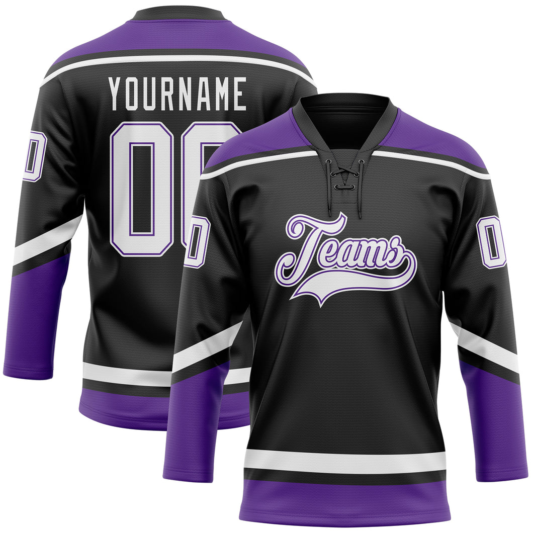 Custom Black White-Purple Hockey Lace Neck Jersey