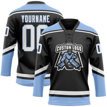 Load image into Gallery viewer, Custom Black White-Light Blue Hockey Lace Neck Jersey
