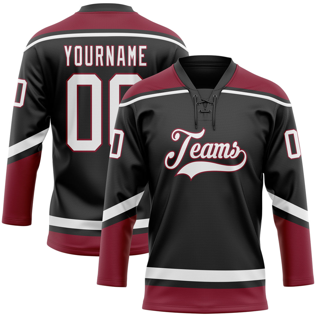 Custom Black White-Crimson Hockey Lace Neck Jersey