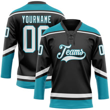 Load image into Gallery viewer, Custom Black White-Teal Hockey Lace Neck Jersey
