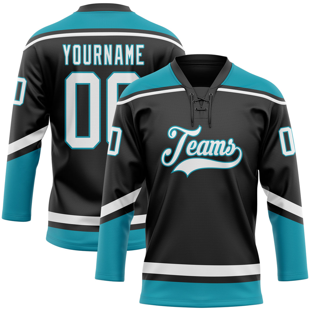 Custom Black White-Teal Hockey Lace Neck Jersey