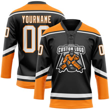 Load image into Gallery viewer, Custom Black White-Bay Orange Hockey Lace Neck Jersey
