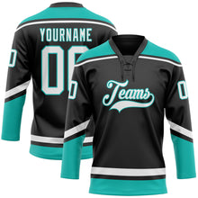 Load image into Gallery viewer, Custom Black White-Aqua Hockey Lace Neck Jersey
