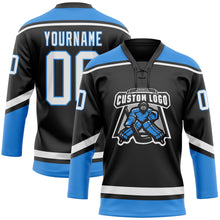 Load image into Gallery viewer, Custom Black White-Electric Blue Hockey Lace Neck Jersey
