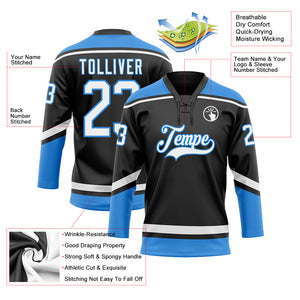 Custom Black White-Electric Blue Hockey Lace Neck Jersey