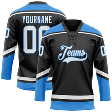 Load image into Gallery viewer, Custom Black White-Electric Blue Hockey Lace Neck Jersey
