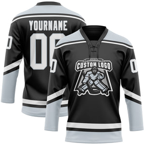 Custom Black White-Silver Hockey Lace Neck Jersey