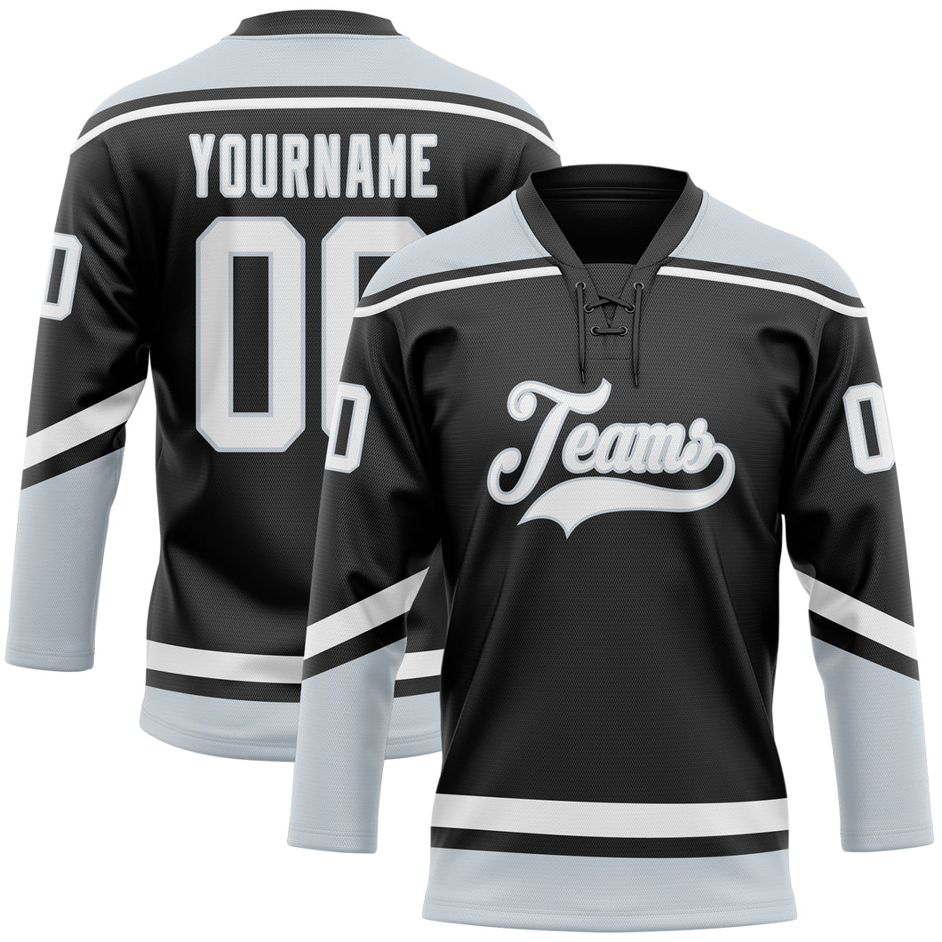 Custom Black White-Silver Hockey Lace Neck Jersey