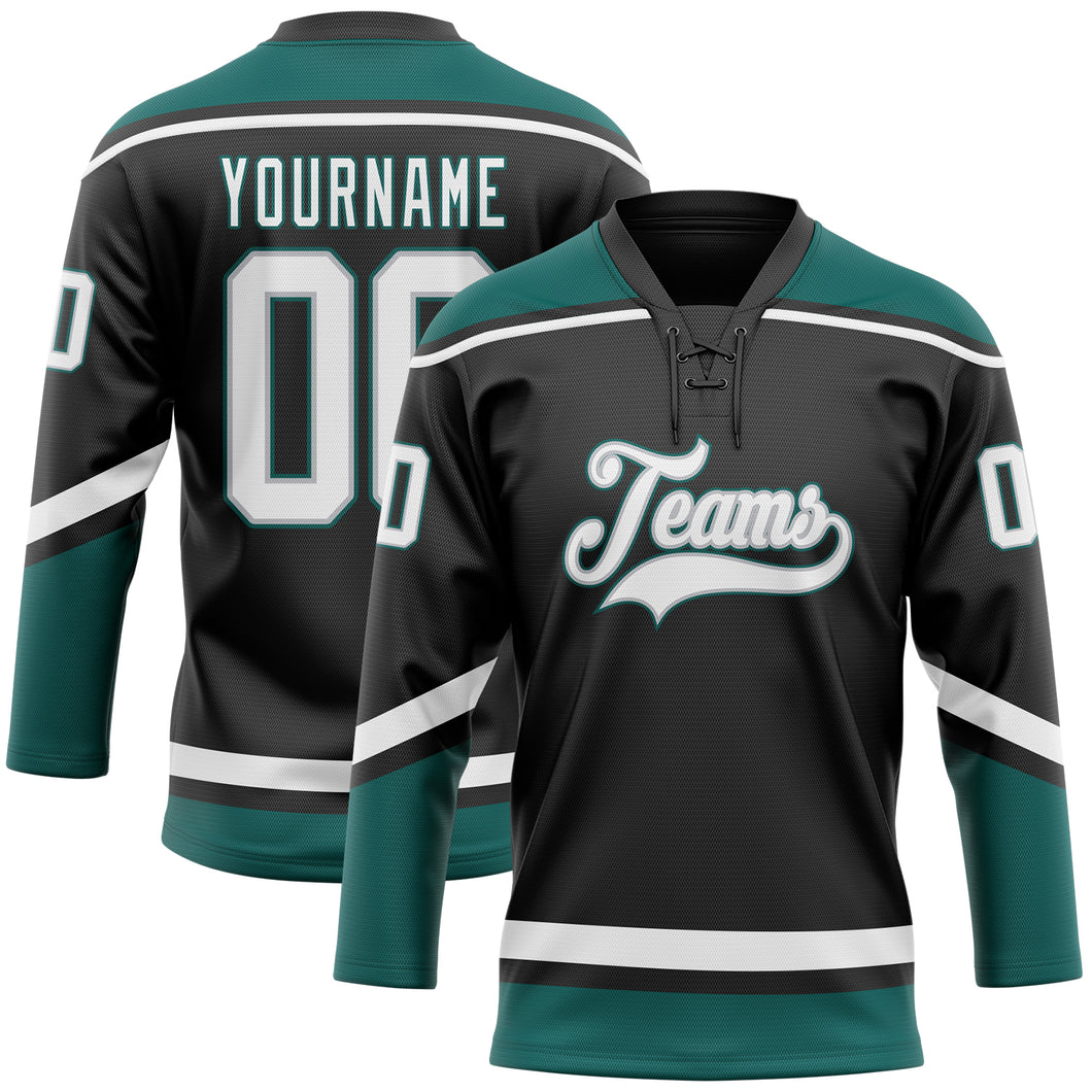 Custom Black White Gray-Midnight Green Hockey Lace Neck Jersey